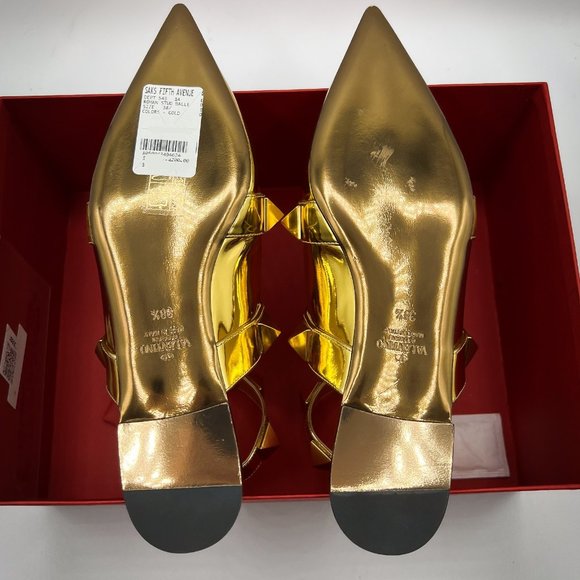 Valentino Garavani Roman Stud Metallic Gold Leather Ballerina Ankle-Strap Flats - Picture 9 of 10